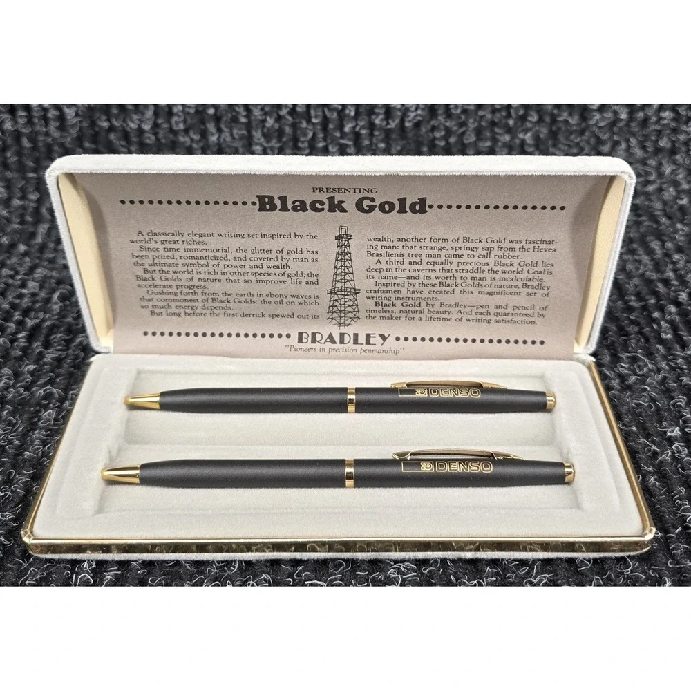 Vtg 80s Bradley Black Gold Pen & Pencil Set w Original Case Black Gold for Denso
